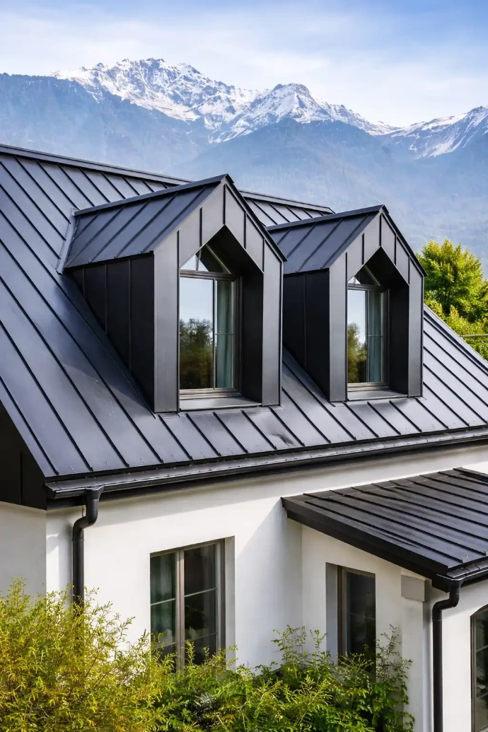 Dachspengler Innsbruck – modernes Einfamilienhaus mit schwarzem Stehfalz-Metalldach und Dachgauben vor alpiner Bergkulisse - Dachdecker Innsbruck