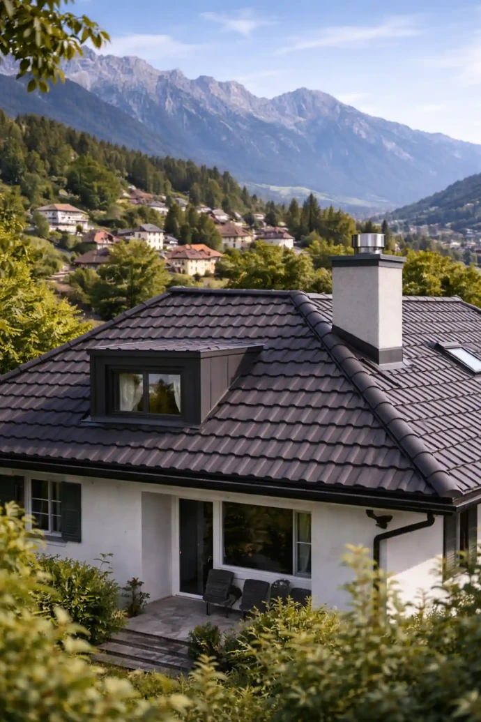 Dachdecker Innsbruck – modernes dunkles Ziegeldach in Mühlau mit Gaube und präziser Neueindeckung