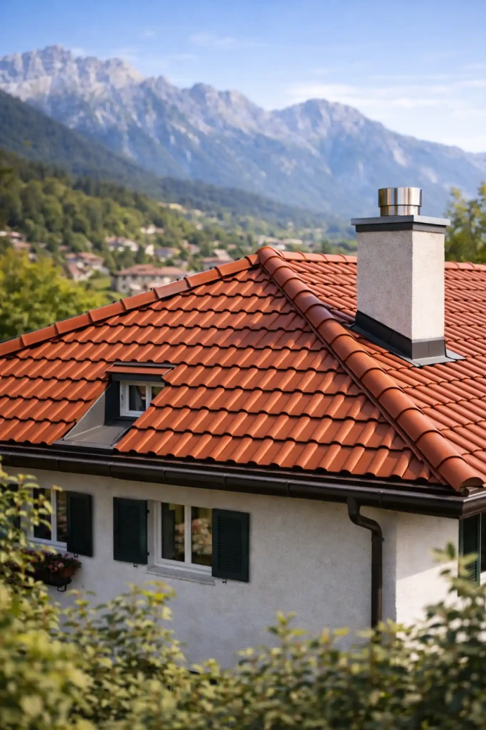 Dachdecker Innsbruck – neues rotes Ziegeldach in Mühlau mit Gaube und professioneller Neueindeckung