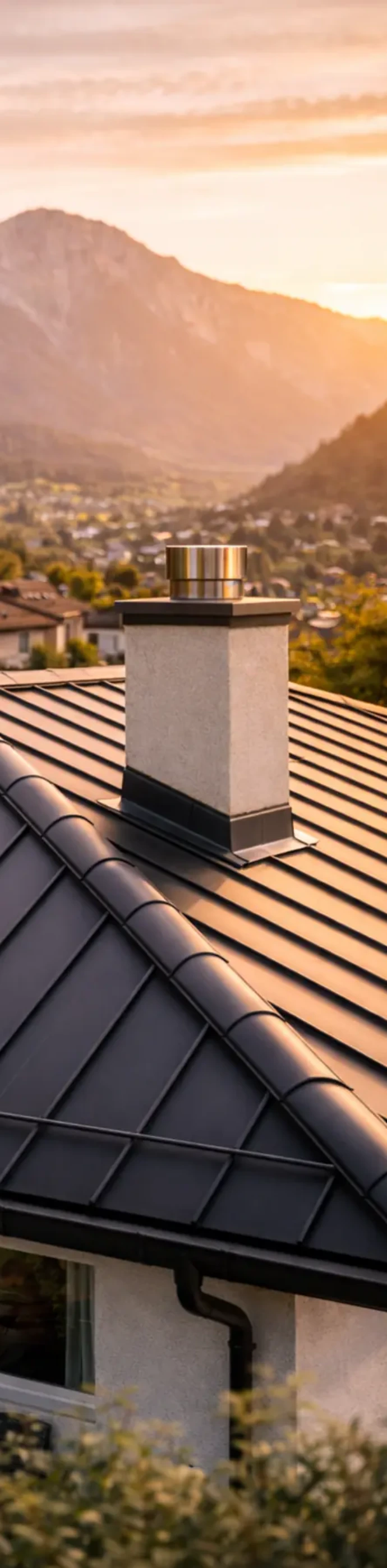 Dachdecker Innsbruck – modernes Stehfalzdach auf Einfamilienhaus in Hanglage bei Sonnenuntergang