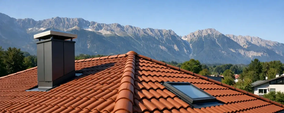 Dachdecker Innsbruck – neues rotes Ziegeldach mit Dachfenster und Kamin vor der Nordkette