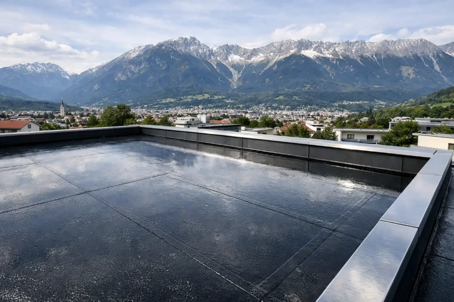 Bitumen Flachdach in Innsbruck mit leichter Wasserreflexion und Attika – professionelle Schwarzdecker Abdichtung
