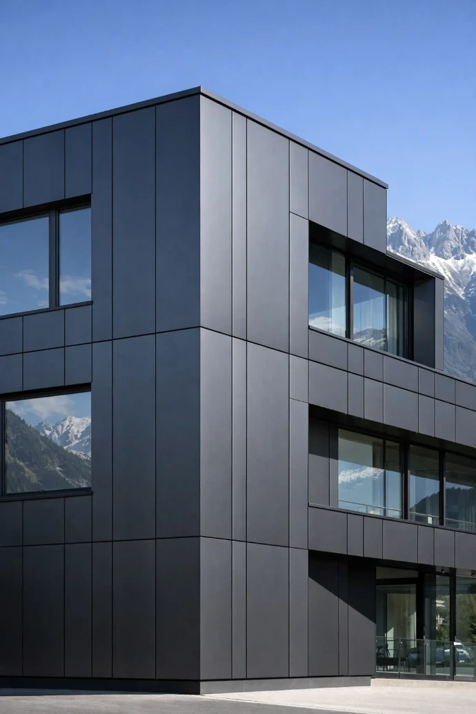 Moderne Metallfassade in Innsbruck mit Aluminium-Verkleidung und präziser Fassadenspengler-Ausführung vor Alpenpanorama