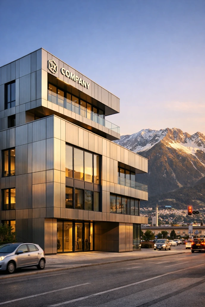 Modernes Bürogebäude mit hochwertiger Metallfassade in Innsbruck bei Sonnenuntergang, präzise Fassadenverkleidung vor alpiner Bergkulisse