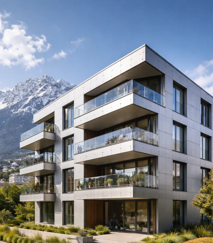 Modernes Wohngebäude in Innsbruck mit hochwertiger Metallfassade, Glasbalkonen und alpiner Bergkulisse