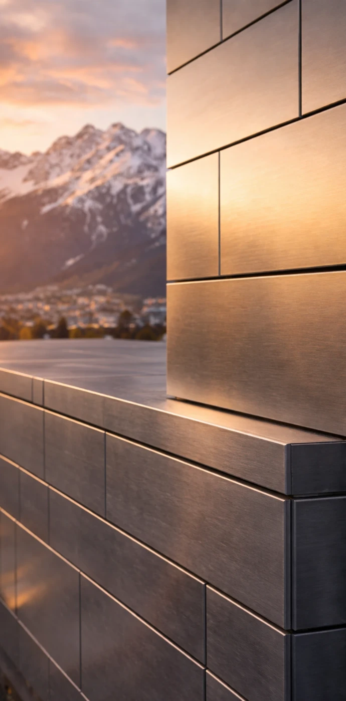 Detailaufnahme einer hochwertigen Metallfassade in Innsbruck mit präziser Panelverkleidung im warmen Abendlicht vor alpiner Bergkulisse