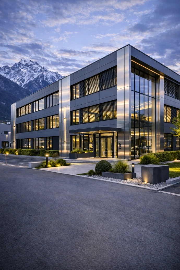 Modernes Bürogebäude in Innsbruck mit hochwertiger Metallfassade und Glasfront bei Abenddämmerung vor alpiner Bergkulisse