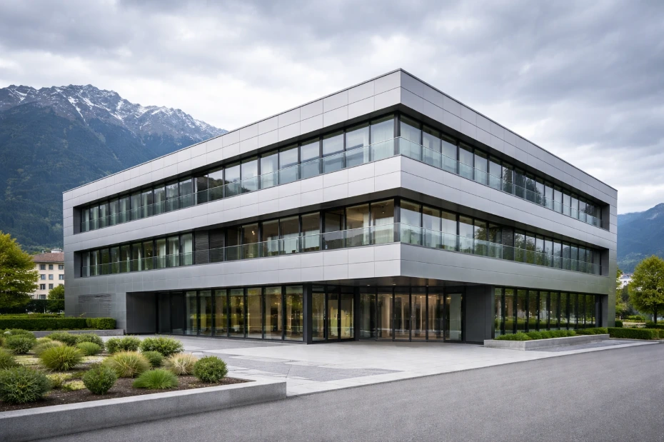 Modernes Gewerbegebäude in Innsbruck mit hochwertiger Aluminium-Metallfassade und großflächiger Glasfront vor alpiner Bergkulisse