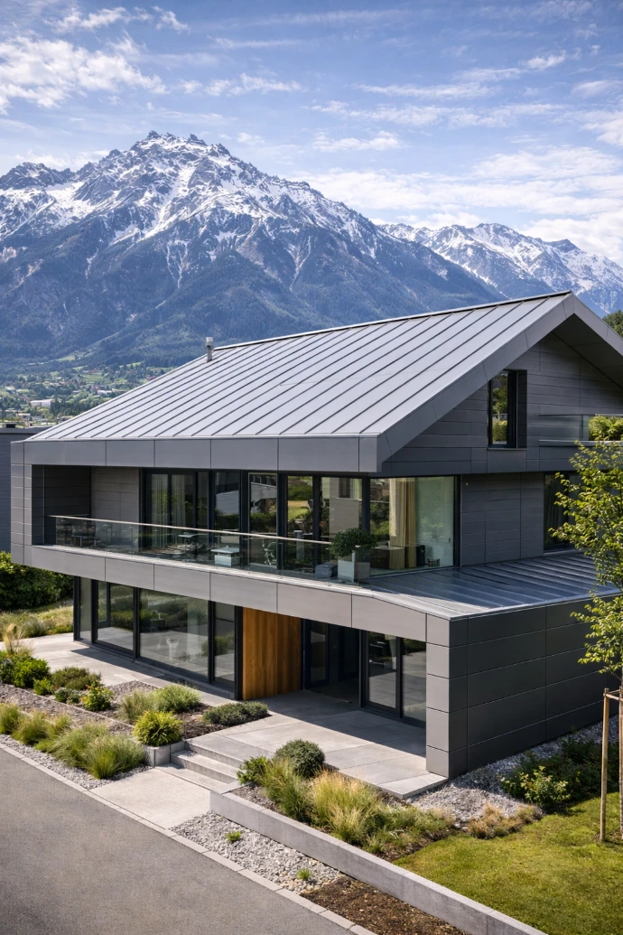 Modernes Einfamilienhaus in Innsbruck mit hochwertiger Metallfassade und Stehfalzdach aus Aluminium vor alpiner Bergkulisse