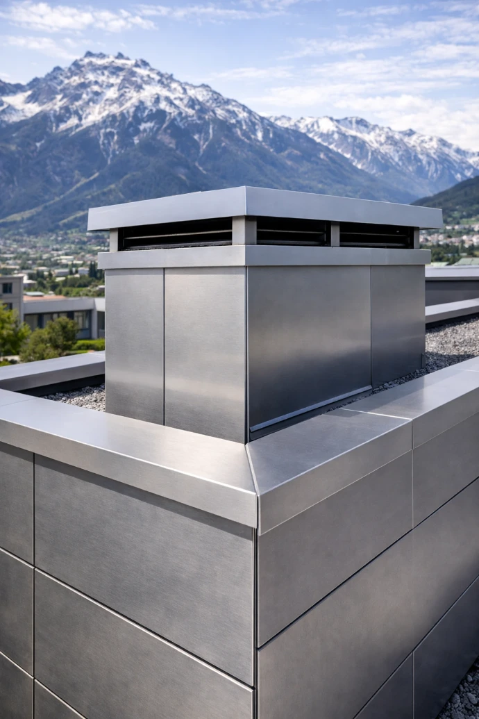Flachdach mit Attika und hochwertiger Metallverkleidung aus Aluminium in Innsbruck vor alpiner Bergkulisse – präzise Spenglerarbeit im Detail