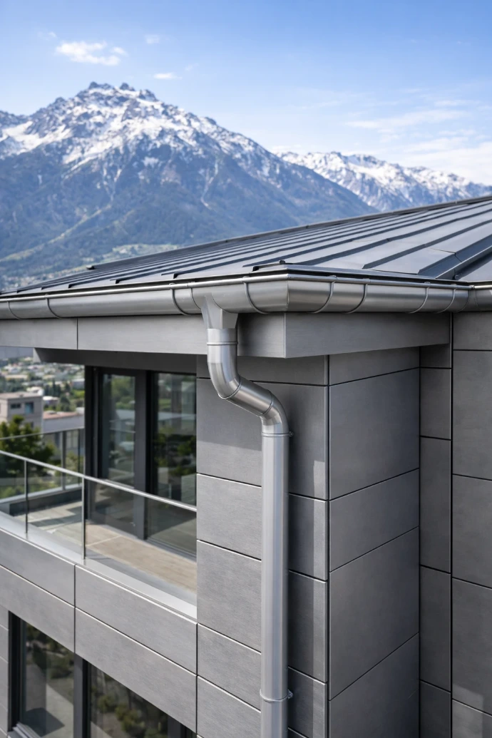 Fertig montiertes Aluminium-Dachrinnen- und Entwässerungssystem an modernem Wohngebäude in Innsbruck mit präziser Spenglerarbeit vor alpiner Bergkulisse