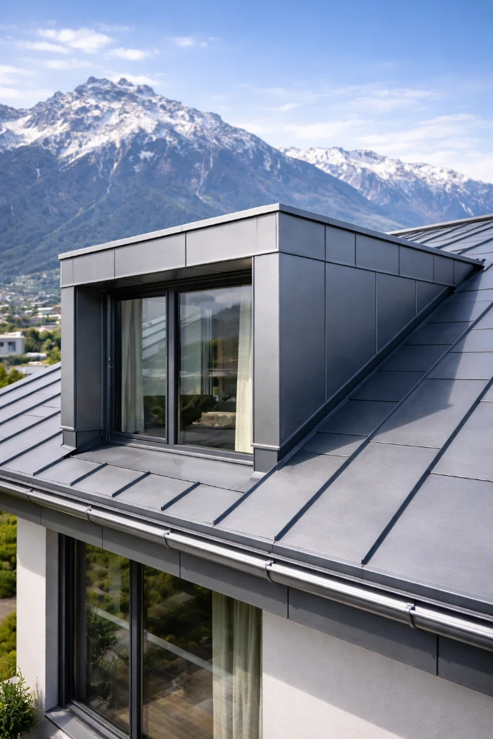 Moderne Dachgaube mit hochwertiger Titanzink-Metallverkleidung in Innsbruck, präzise Bauspengler-Arbeit mit sauberen Übergängen zum Stehfalzdach vor alpiner Bergkulisse