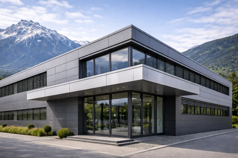 Modernes Gewerbegebäude in Innsbruck mit umfangreichen Aluminium-Blechverkleidungen und präzise montierten Schutzelementen, klare horizontale Linien vor alpiner Bergkulisse