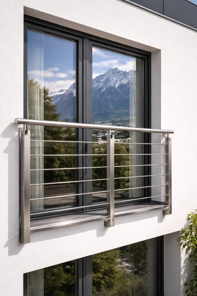 Maßgefertigter französischer Balkon aus Edelstahl an moderner Fassade in Innsbruck