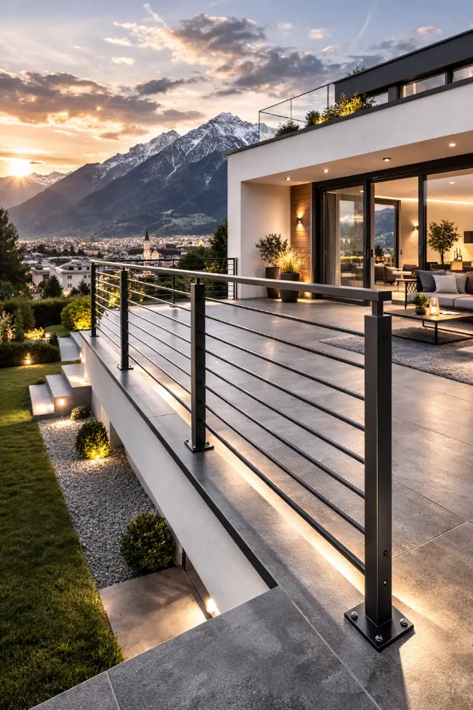 Modernes Terrassengeländer aus pulverbeschichtetem Metall an zeitgenössischer Architektur in Innsbruck mit Alpenpanorama