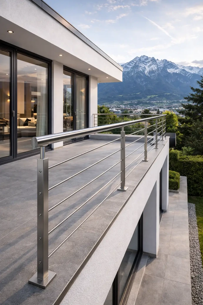 Filigranes Design-Metallgeländer aus Edelstahl an moderner Stadtvilla in Innsbruck mit Alpenblick