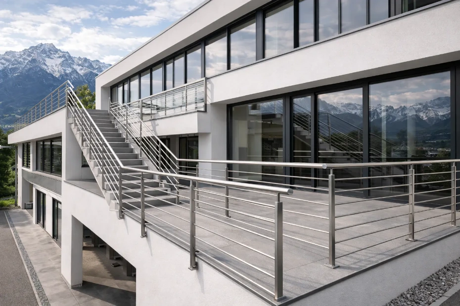 Moderne Edelstahl Balkongeländer und Außentreppe an Wohnhaus in Innsbruck mit Alpenpanorama